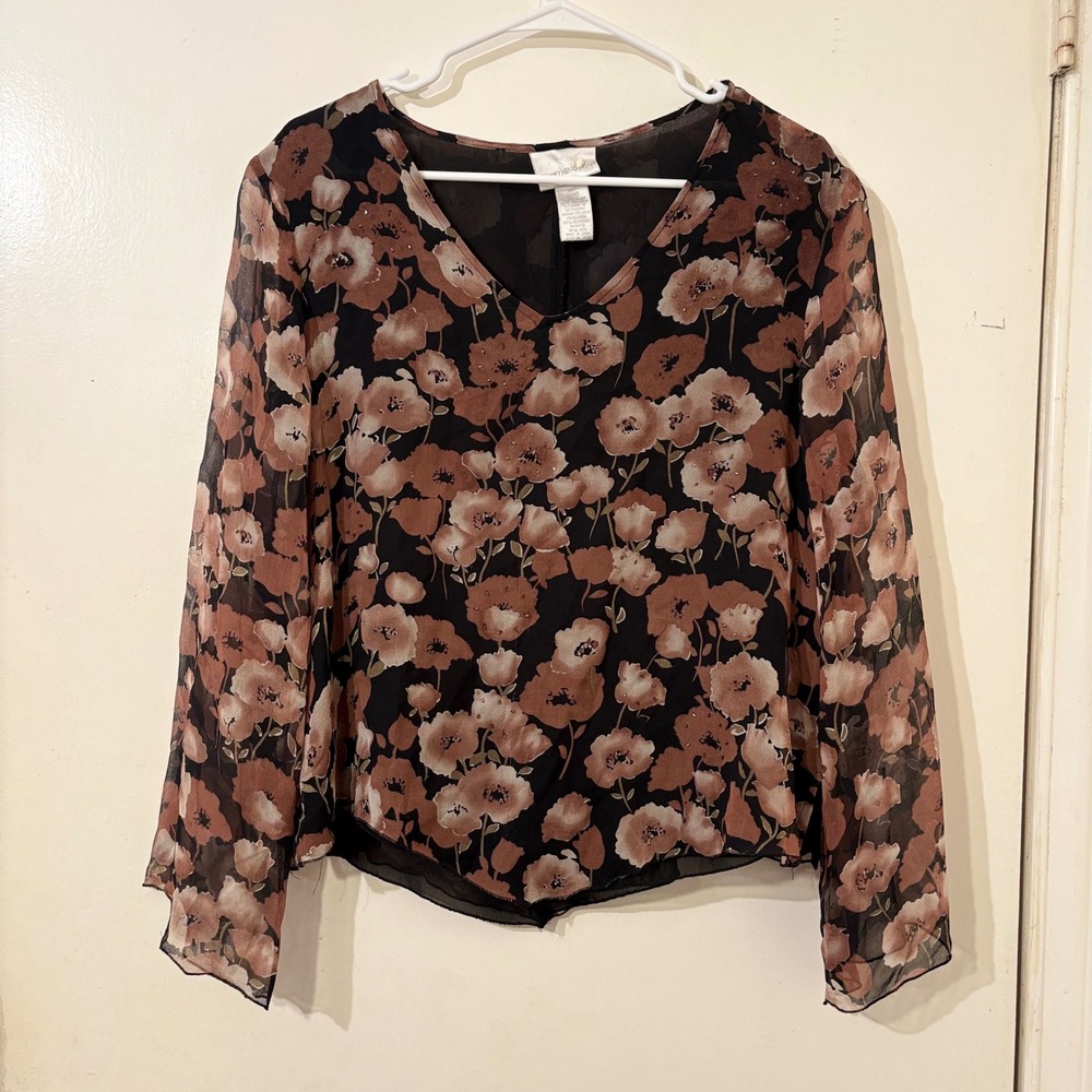 Brown Black Silk Floral Beaded Blouse V-Neck Sheer Flare Sleeve Tunic Fairy L